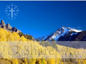 Yellow Aspen with Blue Sky and Cross