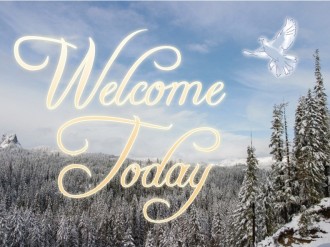 Snow on Trees with Welcome Message and Dove