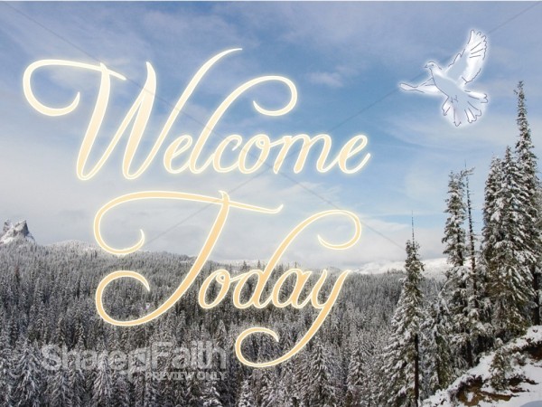Snow on Trees with Welcome Message and Dove