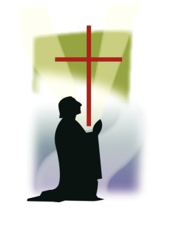 Man Kneeling with Red Cross
