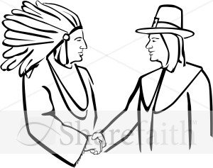 Pilgrim and Native American Shake Hands