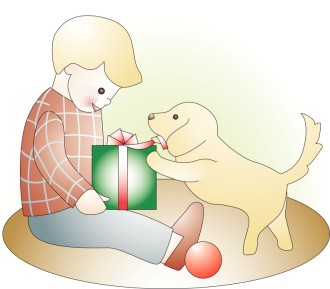 Little Boy with Present and Puppy