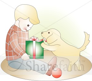 Little Boy with Present and Puppy