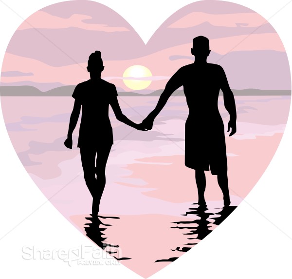 Holding Hands in Pink Sunset Heart