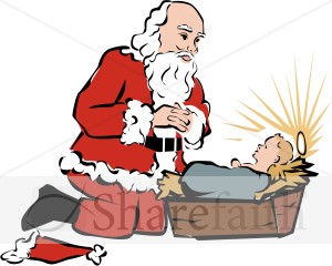 Santa Kneeling Beside Baby Jesus