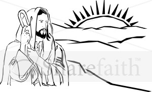 Shepherd Jesus Watching Sun Rise over Hills