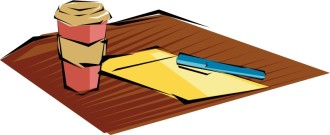 Desk Scene with Coffee and Notepad