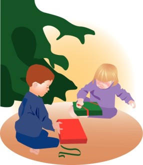 Two Children Unwrapping Presents