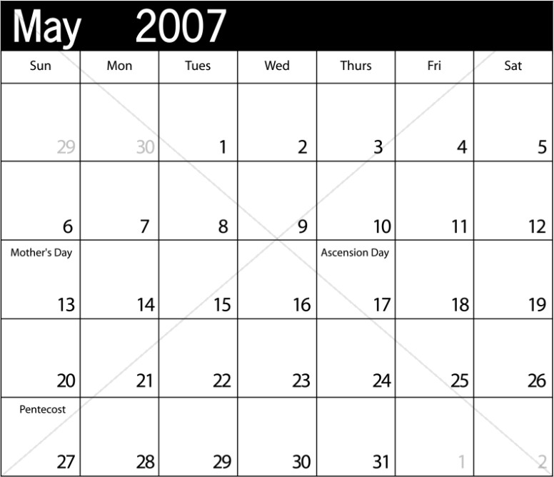 Simple Blank Calendar with Holidays May 2007