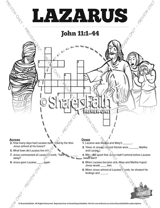 John 11 Lazarus Sunday School Crossword Puzzles Thumbnail Showcase