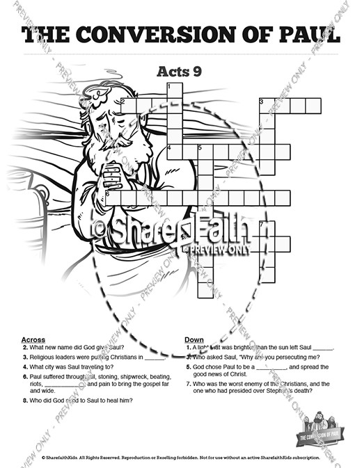 Acts 9 Paul's Conversion Sunday School Crossword Puzzles