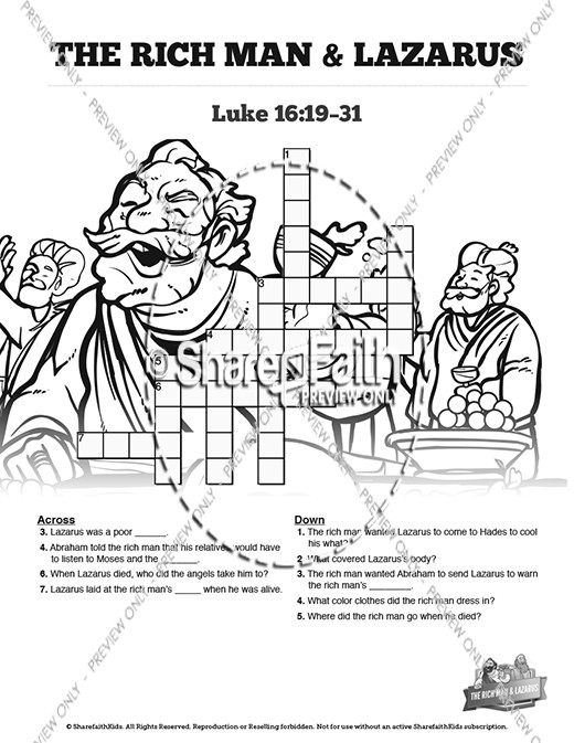 Luke 16 Lazarus and the Rich Man Sunday School Crossword Puzzles Thumbnail Showcase
