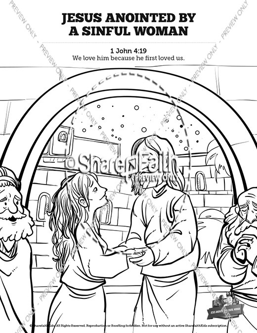 Luke 7 Woman Washes Jesus Feet Sunday School Coloring Pages Thumbnail Showcase