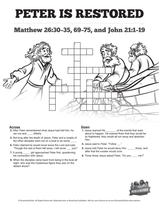 John 21 Peter Is Restored Sunday School Crossword Puzzles Thumbnail Showcase