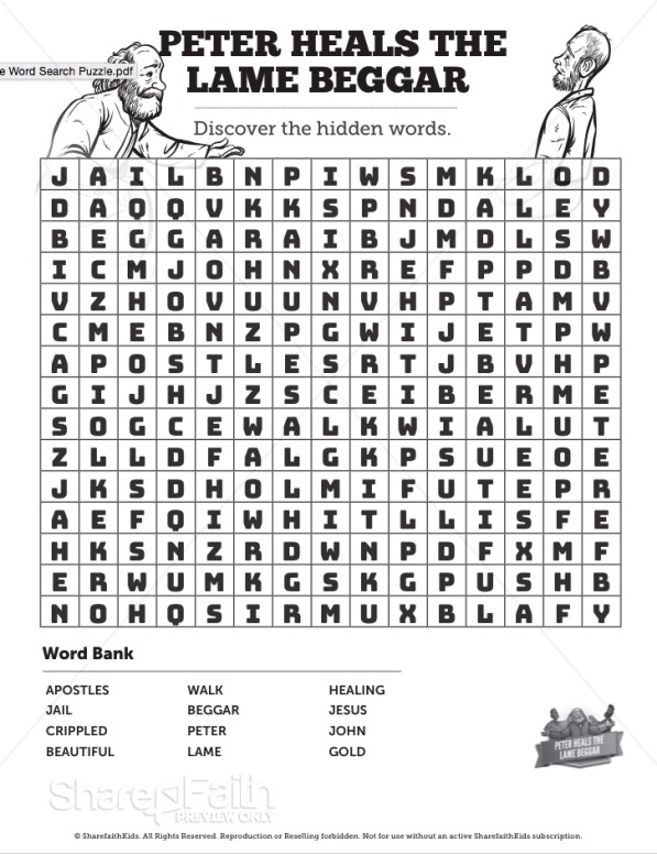 Acts 3 Peter Heals the Lame Man Bible Word Search Puzzle