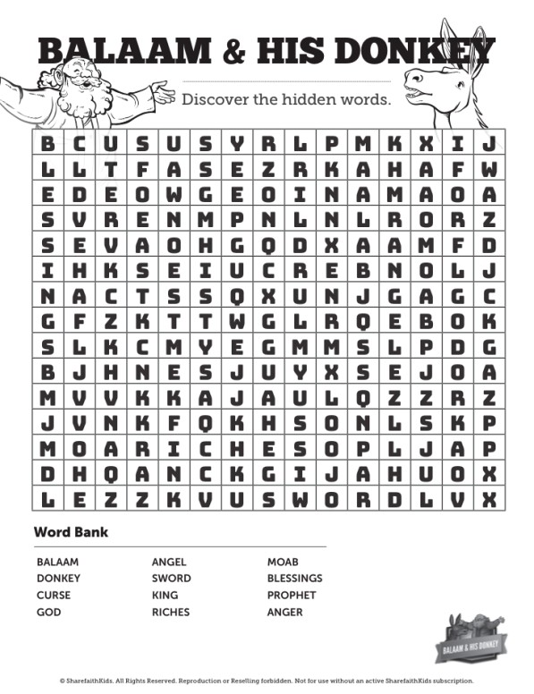 Numbers 22 Balaams Donkey Bible Word Search Puzzle Thumbnail Showcase