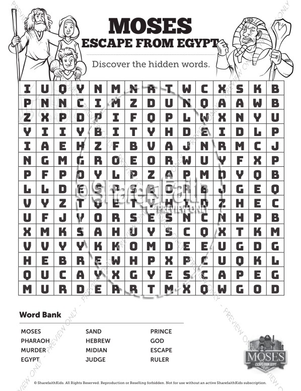 Exodus 2 Moses Escapes From Egypt Bible Word Search Puzzle
