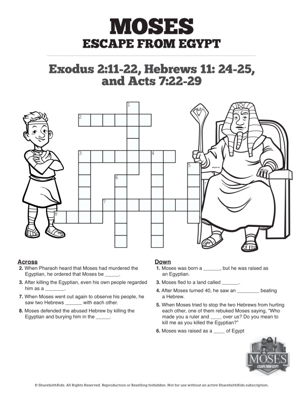 Exodus 2 Moses Escapes From Egypt Sunday School Crossword Puzzles ...