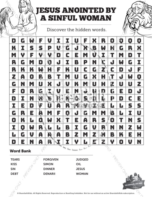 Luke 7 Woman Washes Jesus Feet Bible Word Search Puzzles