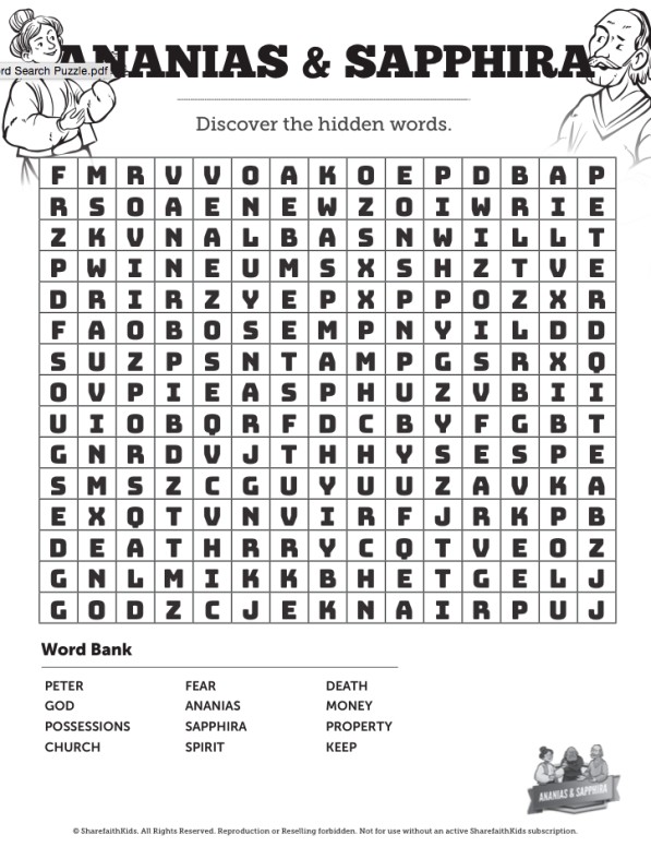 Acts 5 Ananias and Sapphira Bible Word Search Puzzles Thumbnail Showcase