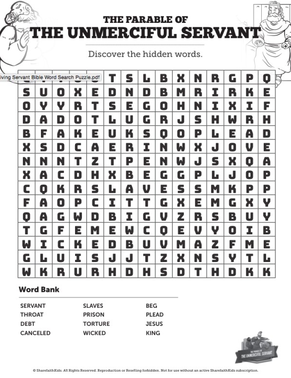 Matthew 18 The Parable Of The Unforgiving Servant Bible Word Search 