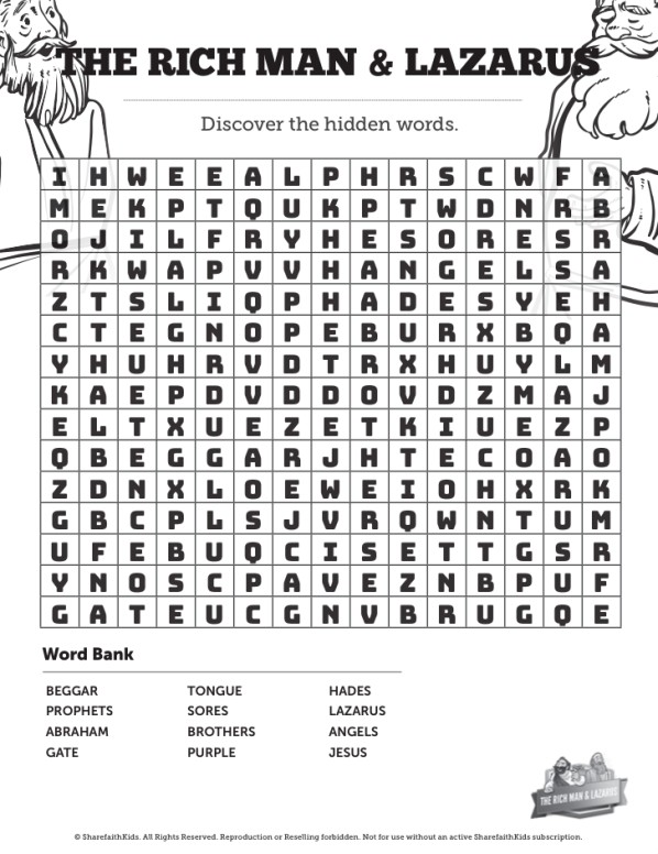 Luke 16 Lazarus and the Rich Man Bible Word Search Puzzles Thumbnail Showcase