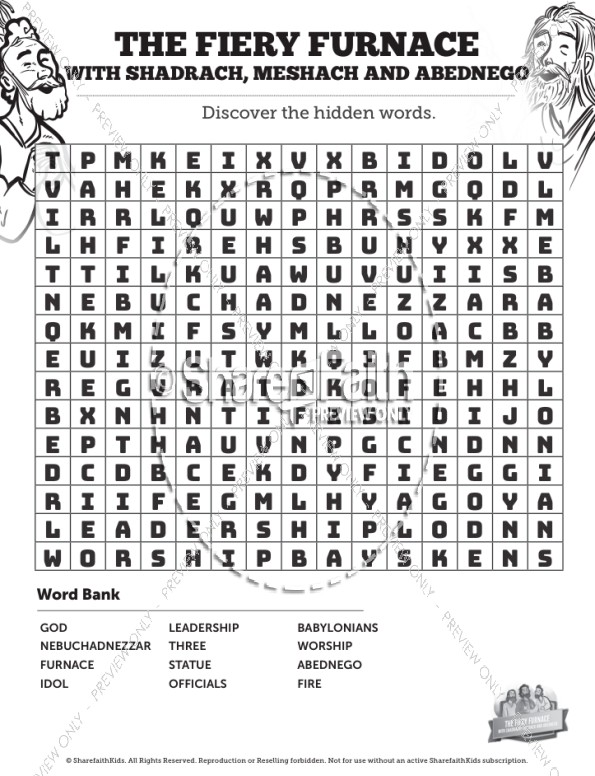 The Fiery Furnace with Shadrach, Meshach and Abednego Bible Word Search Puzzles