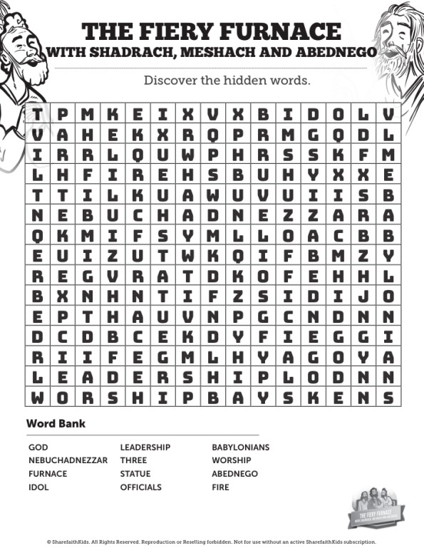 The Fiery Furnace with Shadrach, Meshach and Abednego Bible Word Search Puzzles Thumbnail Showcase