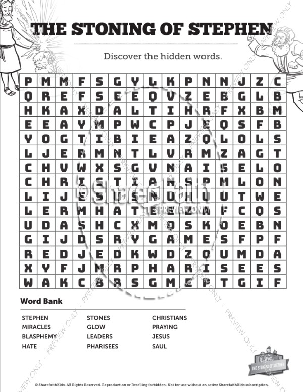 Acts 7 The Stoning of Stephen Bible Word Search Puzzles