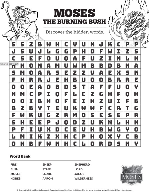 Exodus 3 Moses and the Burning Bush Bible Word Search Puzzles Thumbnail Showcase