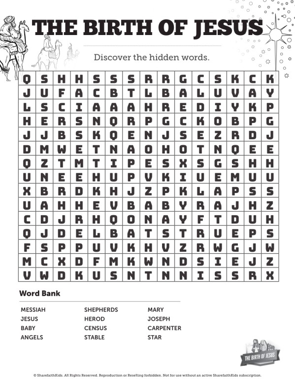 The Birth of Jesus Bible Word Search Puzzles | Sharefaith Kids