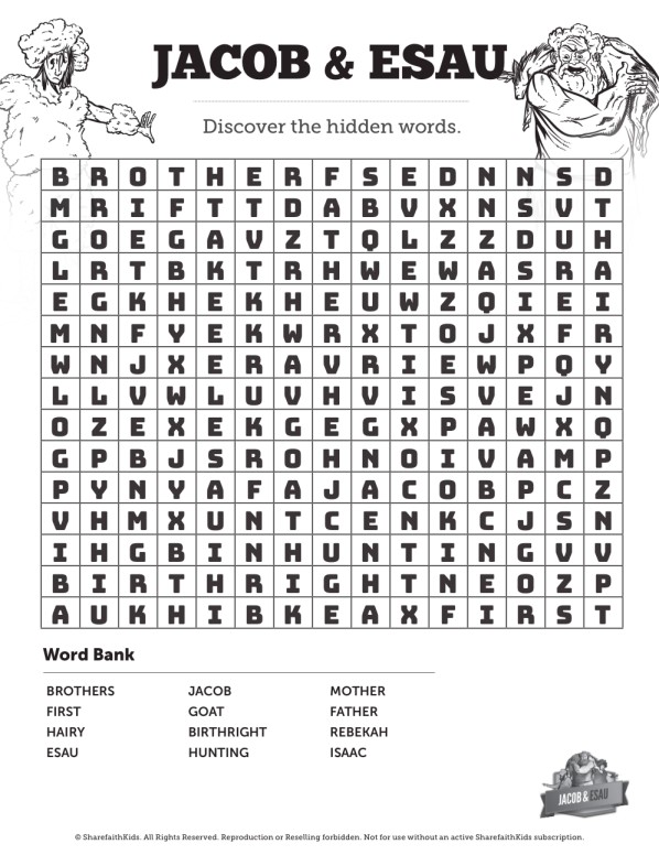 The Story of Jacob and Esau Bible Word Search Puzzles | Sharefaith Kids