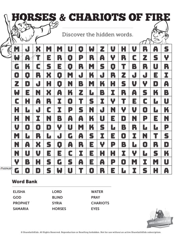 2 Kings 6 Horses And Chariots Of Fire Word Search Puzzles Sharefaith Kids