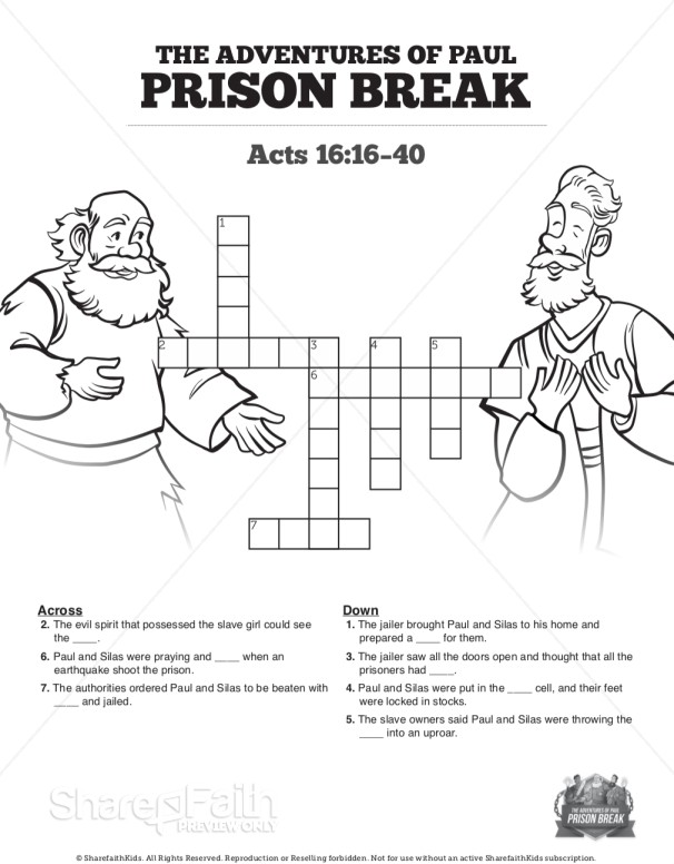 Acts 16 Prison Break Sunday School Crossword Puzzles