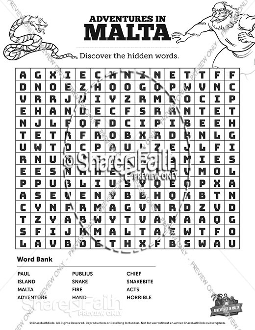 Acts 28 Adventures in Malta Bible Word Search Puzzles