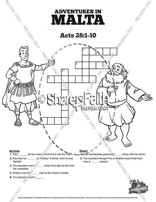 Acts 28 Adventures in Malta Sunday School Crossword Puzzles Thumbnail Showcase