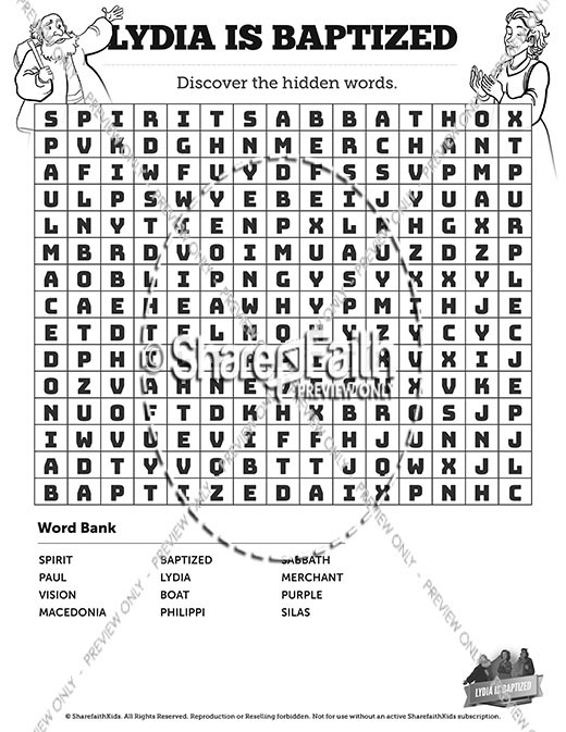 Acts 16 Lydia is Baptized Bible Word Search Puzzles | Sharefaith Kids