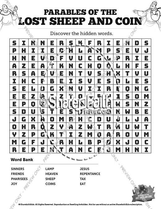 Luke 15 The Parables of the Lost Sheep and Coin Bible Word Search Puzzles Thumbnail Showcase