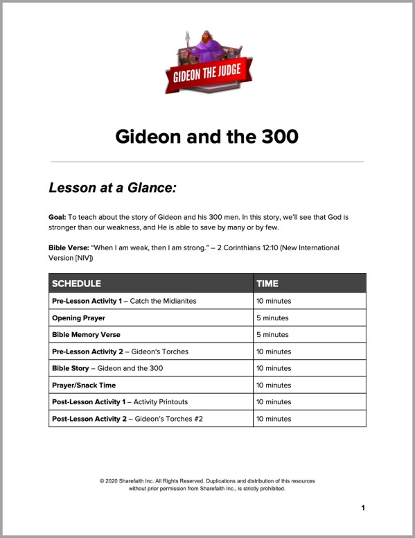 Judges 6 Gideon and the 300 Preschool Curriculum