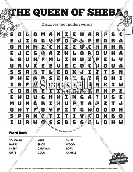 1 Kings 10 The Queen of Sheba Bible Word Search Puzzles Thumbnail Showcase