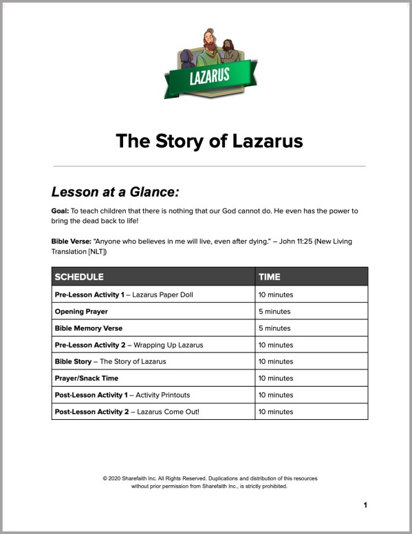 John 11 The Story of Lazarus Preschool Curriculum