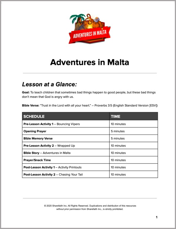 Acts 28 Adventures in Malta Preschool Curriculum