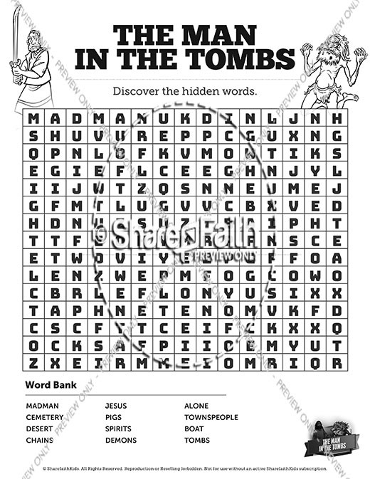 Luke 8 The Man in the Tombs Bible Word Search Puzzles Thumbnail Showcase