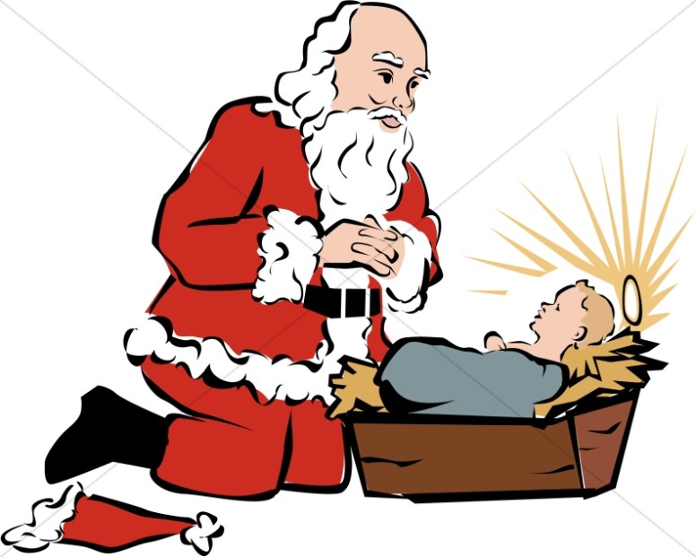 Santa Kneeling Beside Baby Jesus Thumbnail Showcase